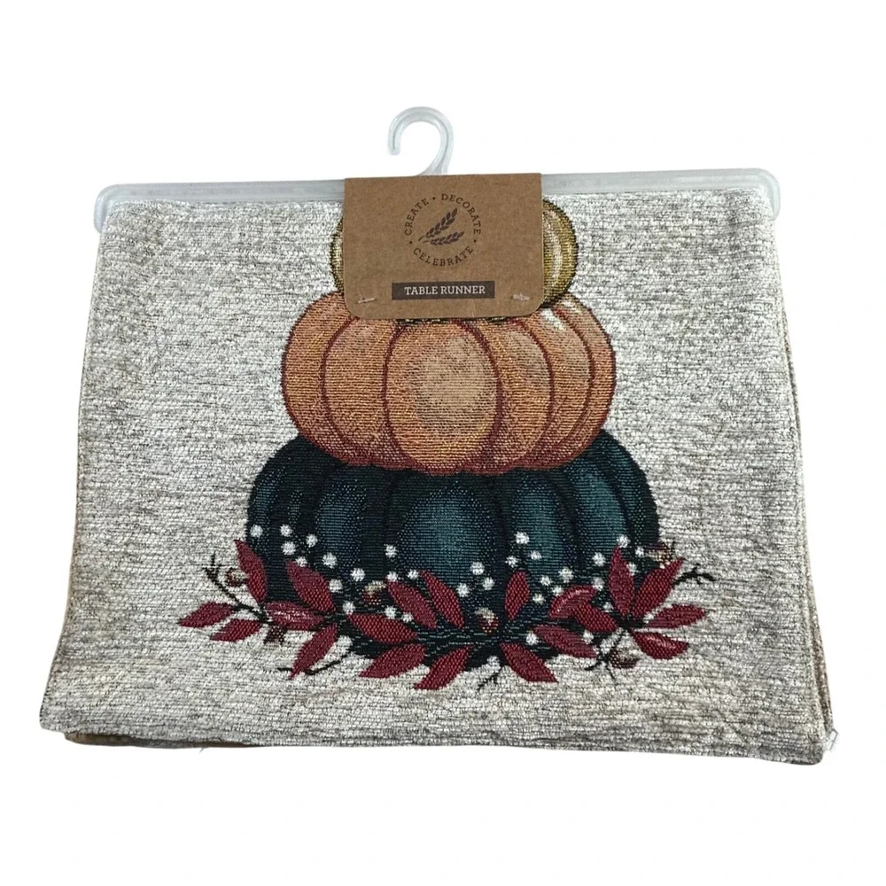 Create Celebrate Grateful Henna Pumpkins Woven Table Runner 13x72 Fall Harvest